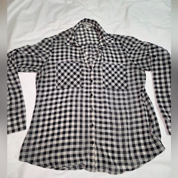 Express Buffalo Black And White Check Portofino Sheer Button Down Shirt- Size Lg - Picture 3 of 8